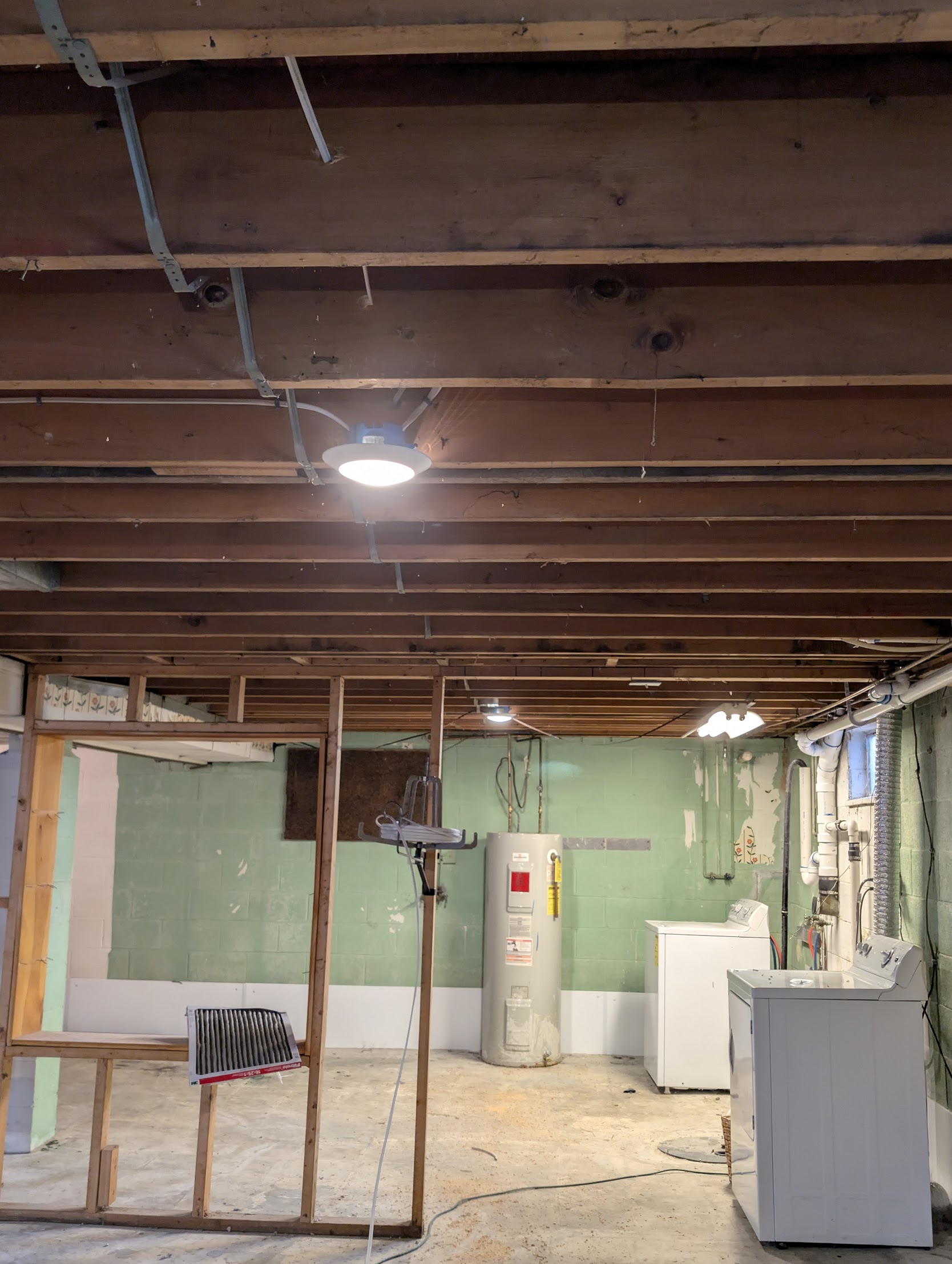 LED disc lighting installed in a basement