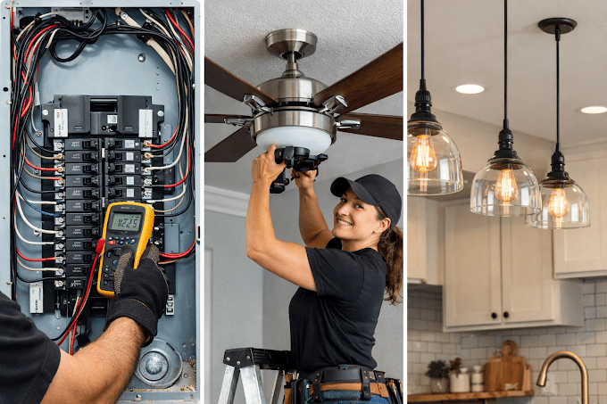 Electrician installing ceiling fan and pendant lights in home renovation project.
